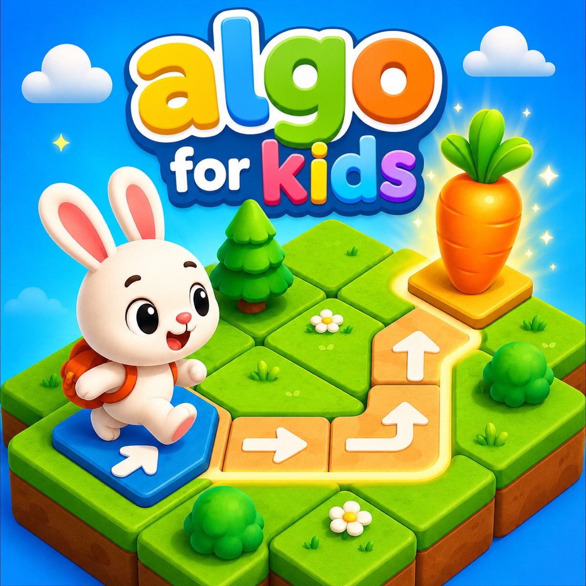 The AlgoForKids rabbit walking along a path of command blocks towards a glowing carrot
