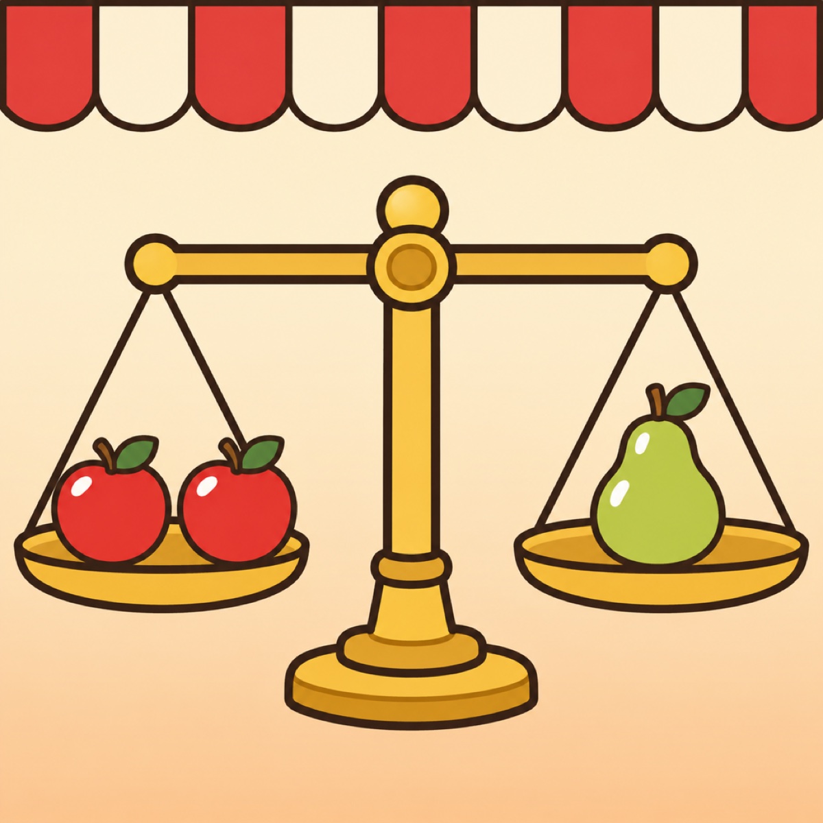 The Pomki market scale with two apples on one pan and a pear on the other